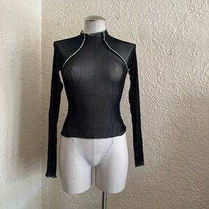Urban Outfitters Out From Under Sheer Black Mesh Lime Topstitch Long Sleeve Top
